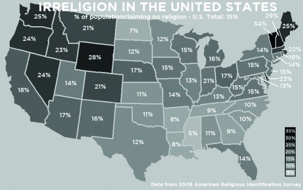 Irreligion in the United States: % population claming no religion